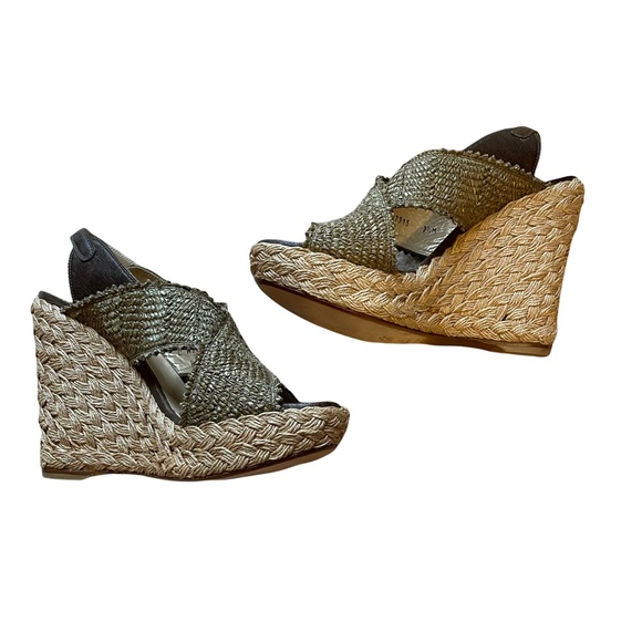 Stuart Weitzman Alex Raffia Green Wedge Shoes Size 7.5 - Picture 5 of 9